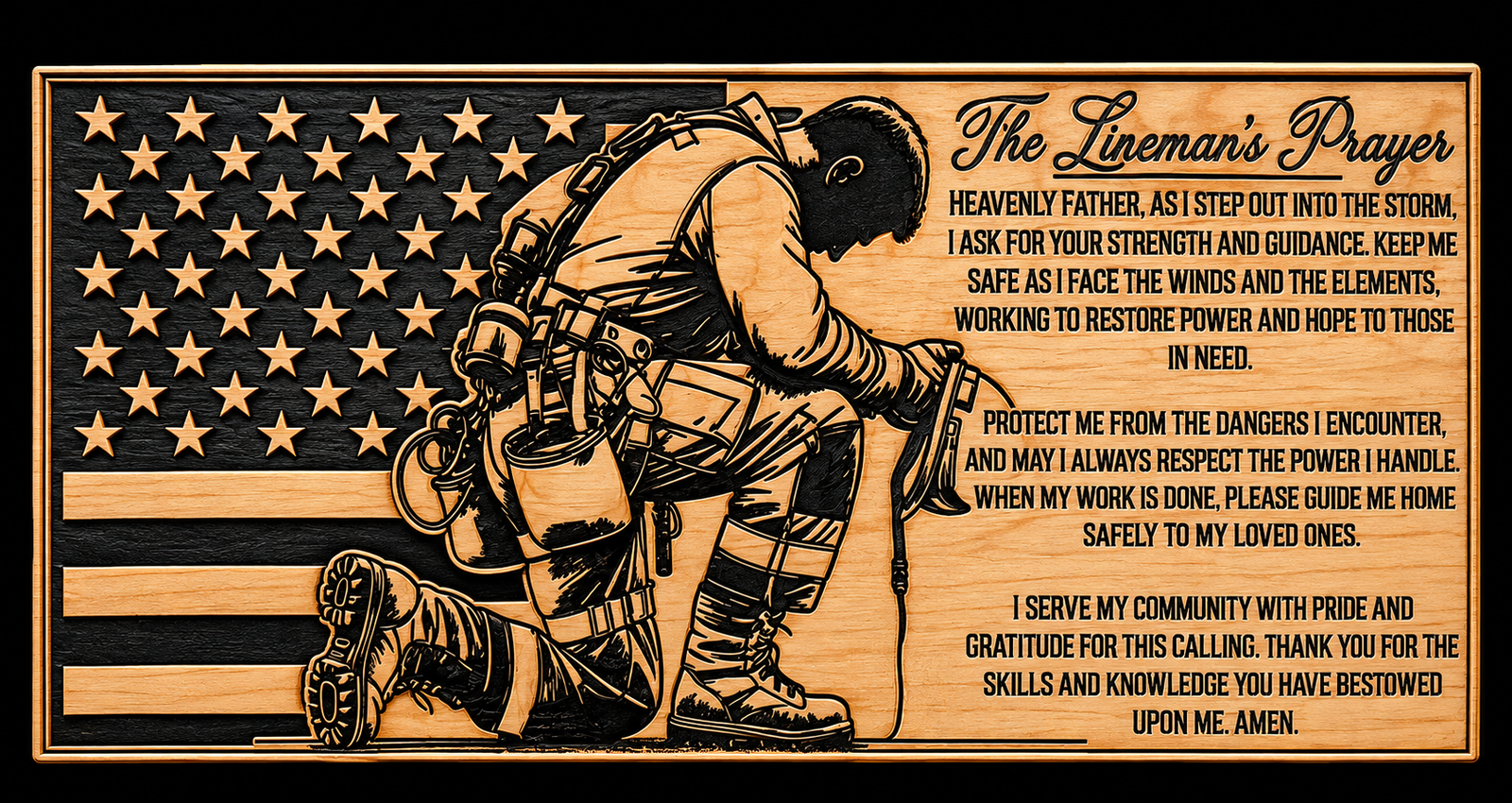 Lineman's Prayer custom CNC carving by Singed Impressions